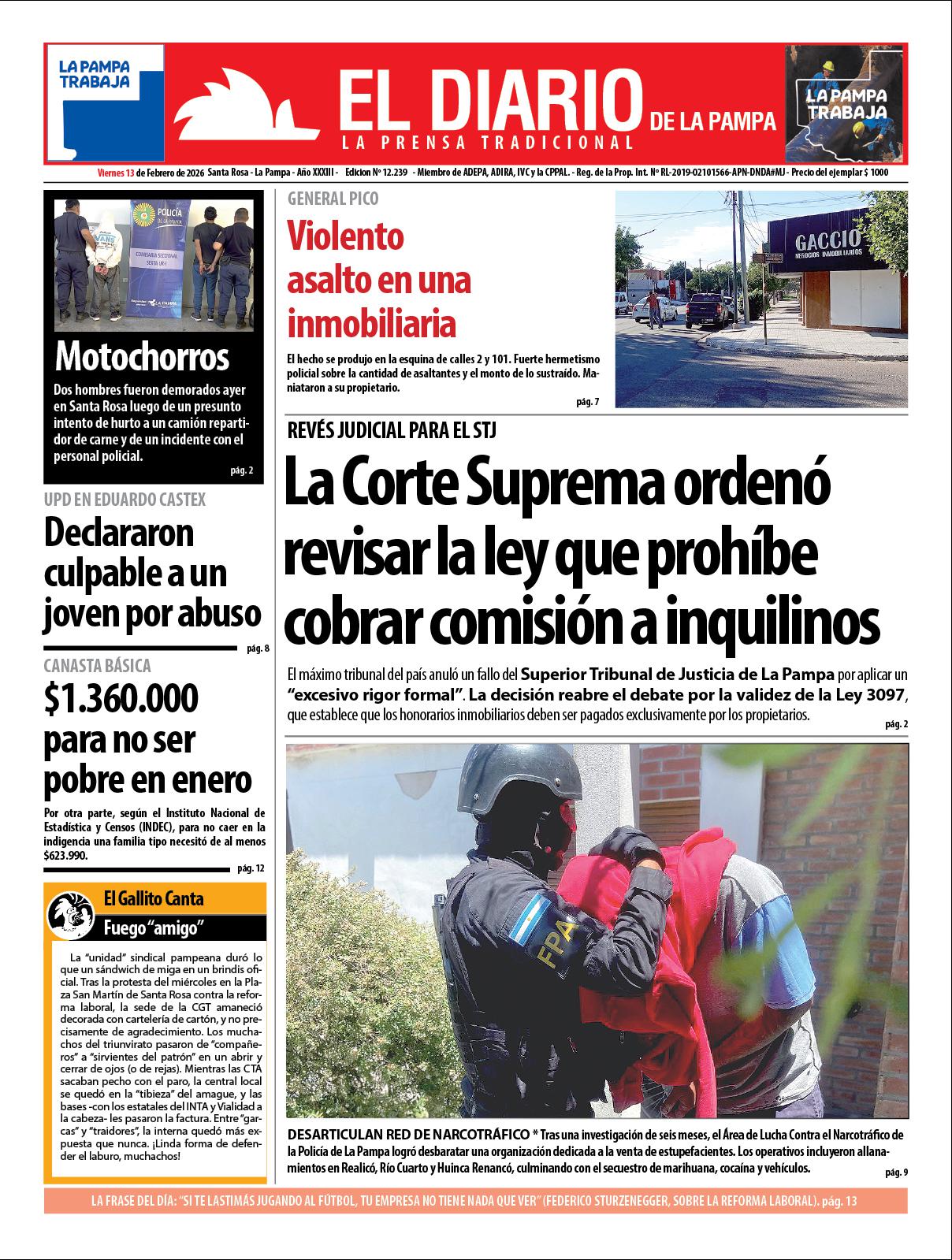 Tapa de El Diario en papel  viernes 13 de febrero de 2026